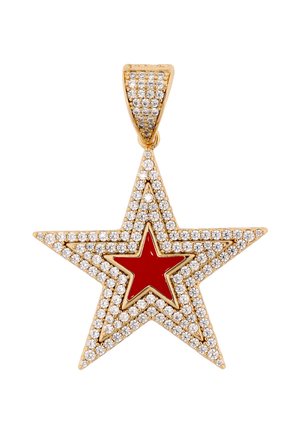 Arany színű csillag alakú medál áttetsző kristályokkal és egy kisebb piros csillaggal a közepén, kristályokkal kirakott akasztóval.