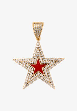 Goldener Stern-Anhänger mit klaren Kristallen und einem kleinen roten Stern in der Mitte, befestigt an einer mit Kristallen besetzten Öse.