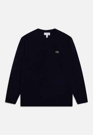 Maglione a maglia blu navy con scollatura rotonda e maniche lunghe. Presenta un piccolo logo verde Lacoste sul petto. Texture morbida.