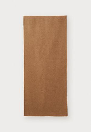 Coperta rettangolare marrone realizzata in un materiale morbido con una texture liscia. Presenta bordi puliti e un colore uniforme in tutta la superficie.