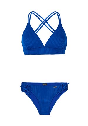 Blauwe geribde bikini-set met een driehoektop met kruislings geschnitte banden en verstelbare bikinibroekjes met strik. Zachte stoftextuur.