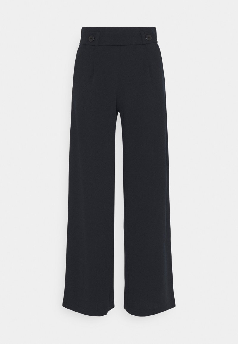 Pantalon à jambes larges en tissu sombre, avec une taille haute dotée de deux boutons sur le devant et des poches latérales. Texture lisse, coupe ajustée.