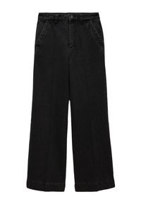 Jeans larges noirs en denim, dotés d'une taille haute, de poches avant et d'une coupe droite, avec un ourlet net et une texture naturelle.