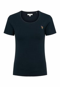 Čierne rebrované tričko s krátkym rukávom, okrúhlym výstrihom a malým vyšitým logom na ľavej hrudi. Vyrobené z jemného zmesového bavlneného materiálu.