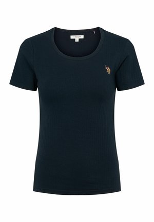 Schwarzes, geripptes T-Shirt mit kurzen Ärmeln und Rundhalsausschnitt, mit kleinem gestickten Logo auf der linken Brust. Hergestellt aus einer weichen Baumwollmischung.