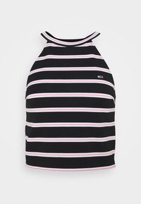 Czarny top w paski na szyję z odkrytymi ramionami, z różowymi i białymi poziomymi paskami. Posiada dopasowany krój i zaokrąglony dół. Małe logo na klatce piersiowej.