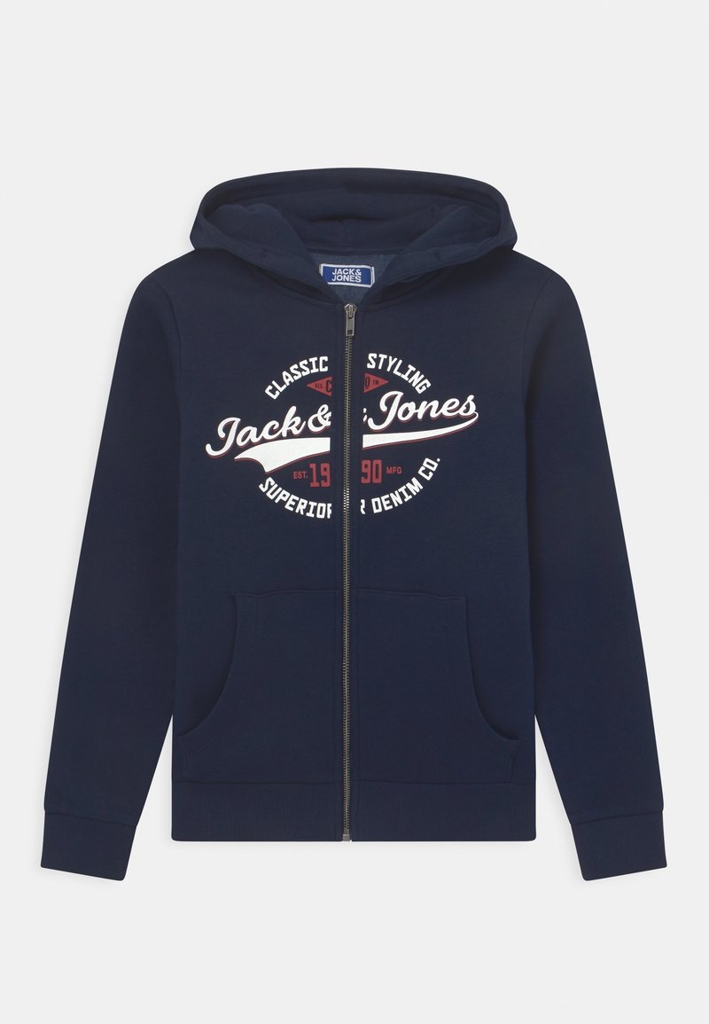 Marineblå lynlåstrøje med forlommer, hætte og hvidt og rødt "Jack & Jones"-logo og tekst på brystet.