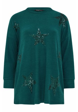 Maglione overzize in teal con maniche lunghe, decorato con molte stelle nere in paillettes. Tessuto morbido con scollatura rotonda e vestibilità rilassata.