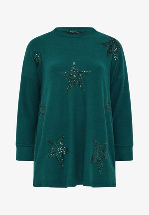 Suéter azul verdoso de gran tamaño con mangas largas, que presenta múltiples estrellas negras de lentejuelas. Tejido suave con un escote redondo y un corte relajado.