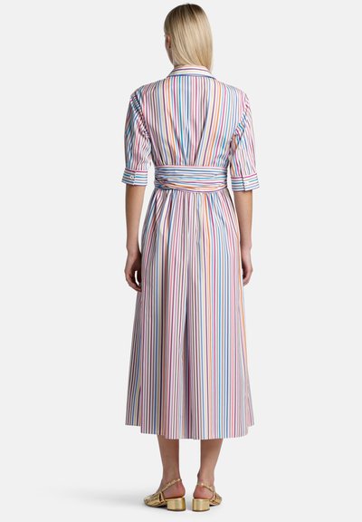 Striped shirtdress in multi-color with short sleeves, cinched waist, and knee-length hem. Fabric has a smooth texture and a tailored fit.