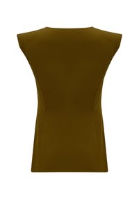 Mouwloze top van olijfgroene stof met gestructureerde schouders en een glad, gestroomlijnd ontwerp; heeft geen zichtbare ritsen of accenten.