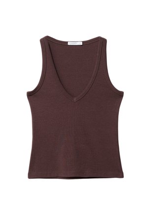 Ruskea hihaton toppi, joka on valmistettu pehmeästä kankaasta; siinä on syvä V-pääntie ja slim fit -leikkaus, sekä siistit saumat reunoilla.