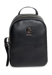 Zaino in pelle nera con forma arrotondata, zip in tonalità oro e accento con logo sulla parte anteriore. Texture liscia con un solo manico superiore.