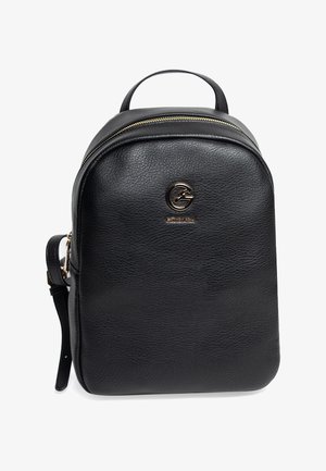 Zaino in pelle nera con forma arrotondata, zip in tonalità oro e accento con logo sulla parte anteriore. Texture liscia con un solo manico superiore.