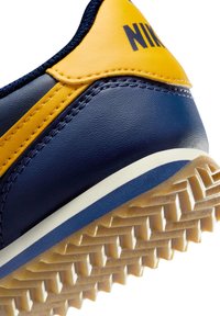 Baskets Nike bleu et jaune avec un dessus en cuir lisse, une semelle en caoutchouc texturée et des détails de couture contrastants. Motif de traction visible sur la semelle extérieure.