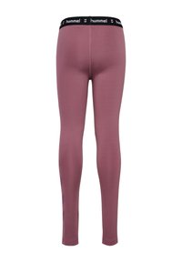 Legginsy w delikatnym kolorze mauve z czarnym elastycznym paskiem w talii z logo marki oraz subtelnym wzorem po bokach.