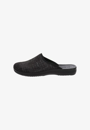Pantofole da uomo nere con parte superiore in tessuto testurizzato e suola imbottita, progettate per il comfort interno e la facilità d'uso.
