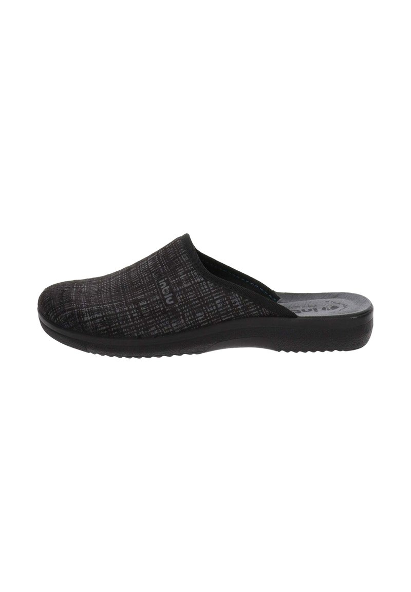 Pantofole da uomo nere con parte superiore in tessuto testurizzato e suola imbottita, progettate per il comfort interno e la facilità d'uso.