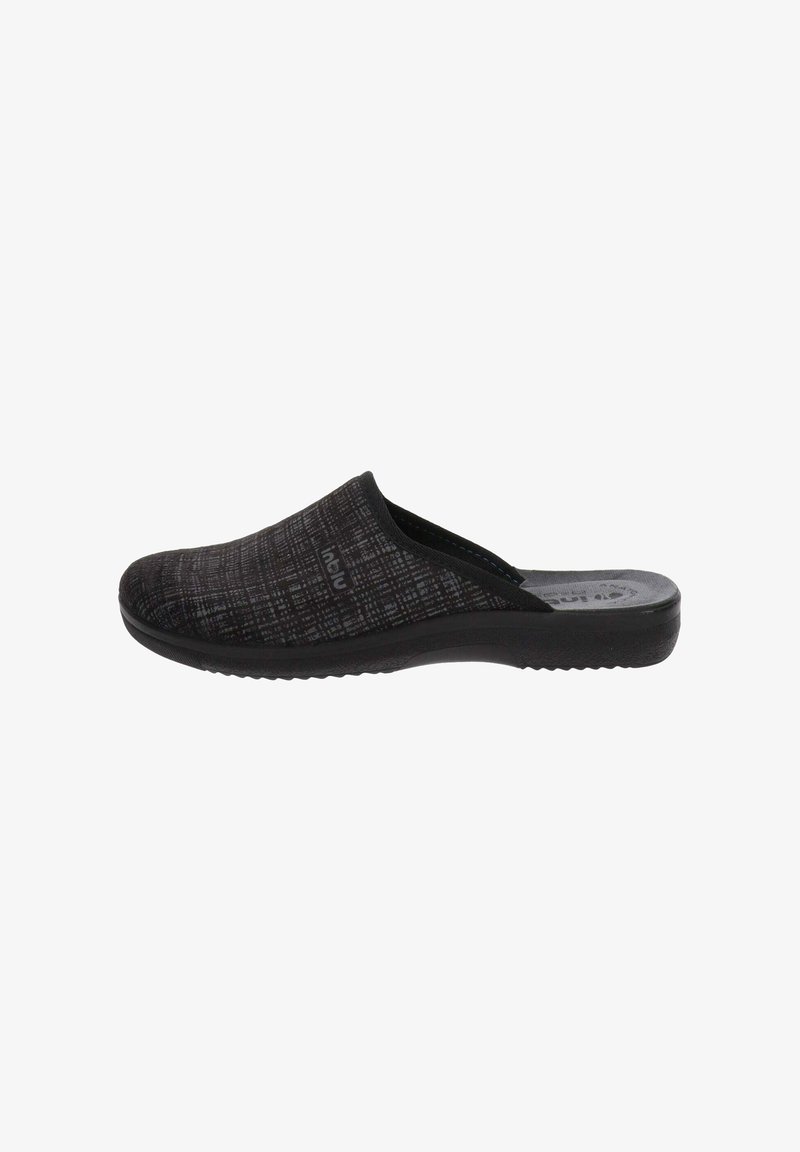 Pantofole da uomo nere con parte superiore in tessuto testurizzato e suola imbottita, progettate per il comfort interno e la facilità d'uso.
