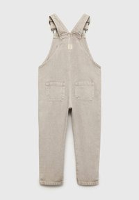 Salopette di jeans beige con bretelle regolabili, due tasche posteriori e design a gamba dritta. Tessuto liscio con bordi rinforzati.