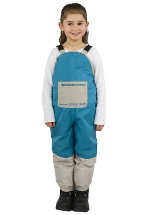 Blaue wasserdichte Latzhosen mit grauen Akzenten und einer Fronttasche. Verfügt über verstellbare Träger und elastische Bündchen. Geeignet für Outdoor-Aktivitäten.