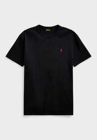 Zwart T-shirt met korte mouwen en ronde hals, met een klein rood geborduurd Polo Ralph Lauren-logo op de linkerborst.