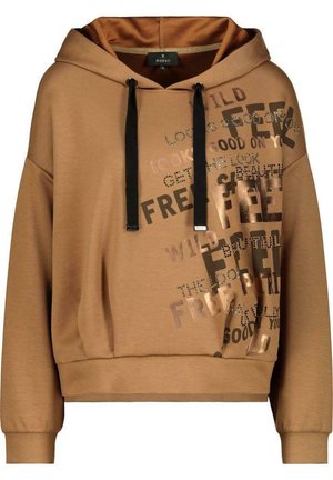 Felpa marrone con cappuccio, cordini neri e testo misto metallico e stampato con le parole "FEEL", "FREEDOM" e altre parole sparse sul davanti.