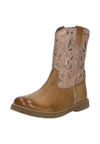 Brown leather ankle boot with pink patterned shaft featuring embossed leaves and metallic accents, rounded toe, and textured sole.