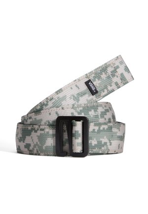 Camouflage belt made of durable fabric in shades of green and gray. Features a rectangular black metal buckle and stitched edges.