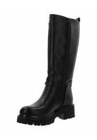 Bota negra hasta la rodilla hecha de cuero suave, con un cierre lateral, suela de tracción resistente y un tacón ligeramente elevado. Diseño simple, sin patrones visibles.