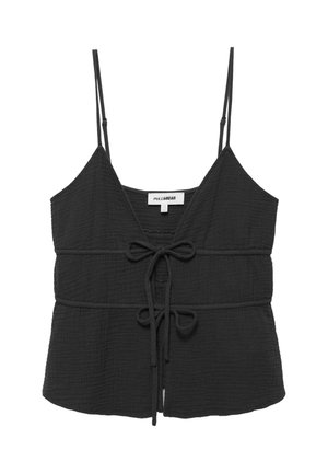 Haut court noir sans manches avec fines bretelles réglables et deux nœuds noués à l'avant, tissu texturé, de la marque Pull&Bear.