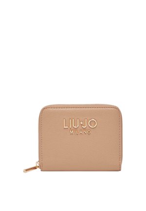 Mały beżowy skórzany portfel na zamek błyskawiczny z złotym logo "LIU JO MILANO" i złotym suwakiem.