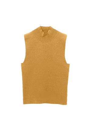 Mouwloze coltrui in mosterdgeel. Gemaakt van zachte breimateriaal, met een geribbelde halslijn en een getailleerd ontwerp.
