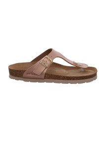 Tan thong sandal with a textured cork footbed, a smooth synthetic strap, and a metal buckle accent. Features a flexible rubber sole.