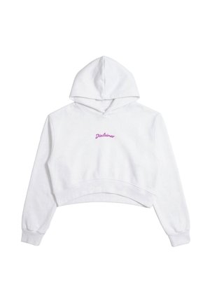 Felpa bianca corta con maniche lunghe e cappuccio, con la parola "Disclaimer" in scrittura viola centrata sul petto.