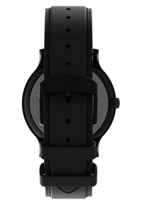 Montre analogique noire avec une finition mate, dotée d'un bracelet en caoutchouc, d'un dos de boîtier en acier inoxydable et d'un cadran rond. Aucune inscription visible.