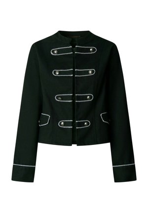 Giacca militare nera stile con rifiniture argentate, bottoni decorativi sul davanti e sulle tasche, maniche lunghe e colletto corto rialzato.
