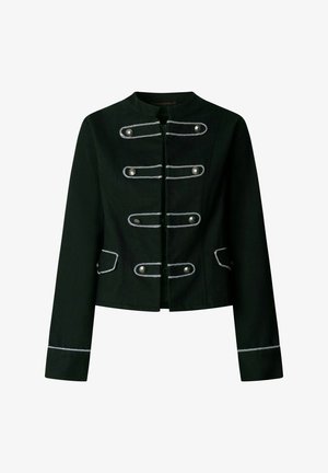 Giacca militare nera stile con rifiniture argentate, bottoni decorativi sul davanti e sulle tasche, maniche lunghe e colletto corto rialzato.