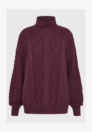 Sweater de lã espessa em cor ameixa, com gola alta em forma de tortuga, padrão de tricot com cabos na parte frontal e nas mangas, punhos e bainha canelados.