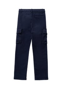 Marine cargobroek van een katoenmix, voorzien van twee zijzakken en een achterzak, met een rechte pijp en een gladde textuur.