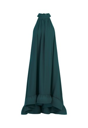 Søgrøn udenærmet kjole med høj hals, samlet skæring og flæsekant. Lavet af et glat stof, har den en flydende silhuet.