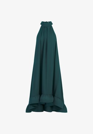 Søgrøn udenærmet kjole med høj hals, samlet skæring og flæsekant. Lavet af et glat stof, har den en flydende silhuet.