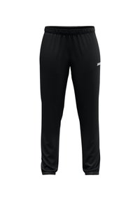 Schwarze Sporthosen mit elastischem Bund, schmal zulaufenden Beinen und weißem Logodetail auf der linken Seite. Glatter Stoff und schlichtes Design.