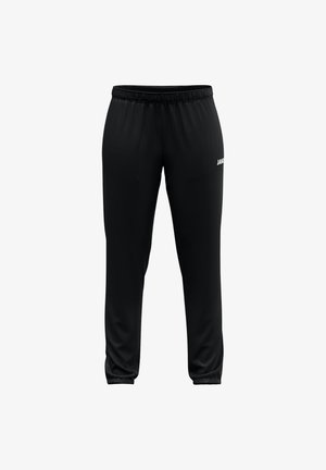 Schwarze Sporthosen mit elastischem Bund, schmal zulaufenden Beinen und weißem Logodetail auf der linken Seite. Glatter Stoff und schlichtes Design.