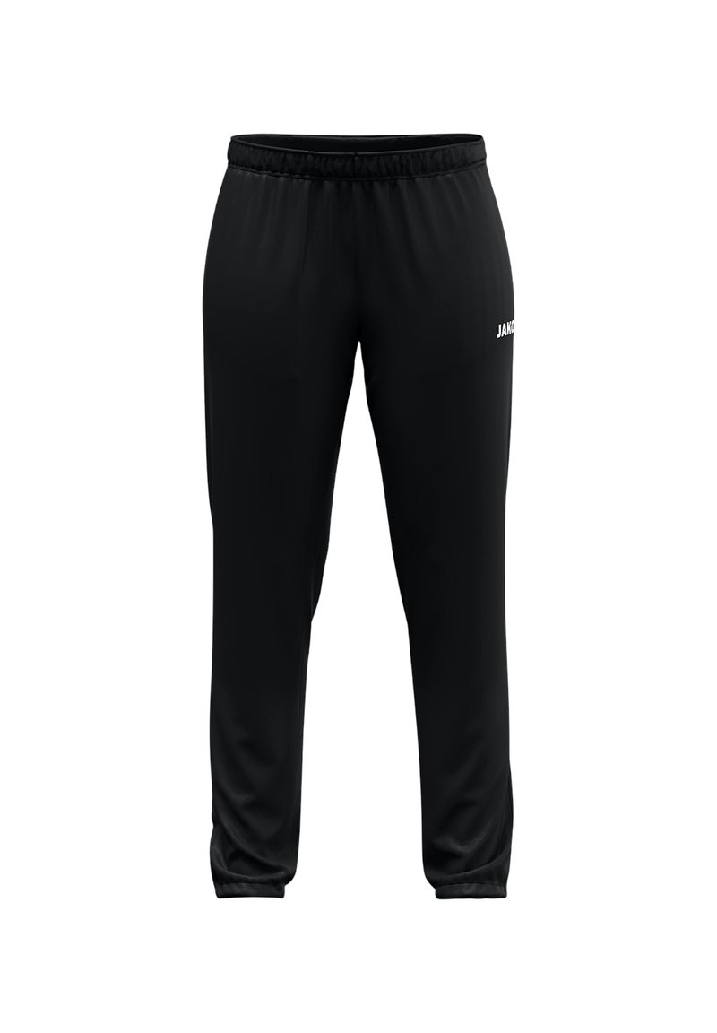 Schwarze Sporthosen mit elastischem Bund, schmal zulaufenden Beinen und weißem Logodetail auf der linken Seite. Glatter Stoff und schlichtes Design.