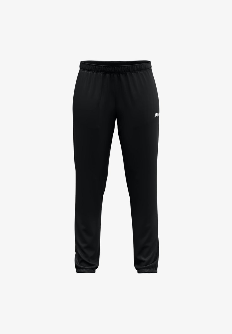 Schwarze Sporthosen mit elastischem Bund, schmal zulaufenden Beinen und weißem Logodetail auf der linken Seite. Glatter Stoff und schlichtes Design.