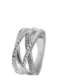 Bague en argent avec des bandes entrelacées, présentant un design de corde torsadée et une rangée de petites pierres claires pour l'embellissement.