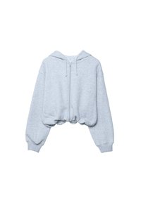 Lysegrå cropped hættetrøje lavet af blødt stof. Har lynlås foran, snøre i hætten samt elastisk kant forneden og ved ærmerne. Glat tekstur.