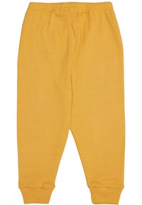 Gele katoenen joggers met elastische tailleband en geknikte zomen; zachte textuur, rechte snit, geen zichtbare patronen of hardware.