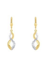 Orecchini attorcigliati in oro e argento con una finitura liscia e lucida e un motivo texturizzato e sfaccettato su un lato. Chiusura a gancio.